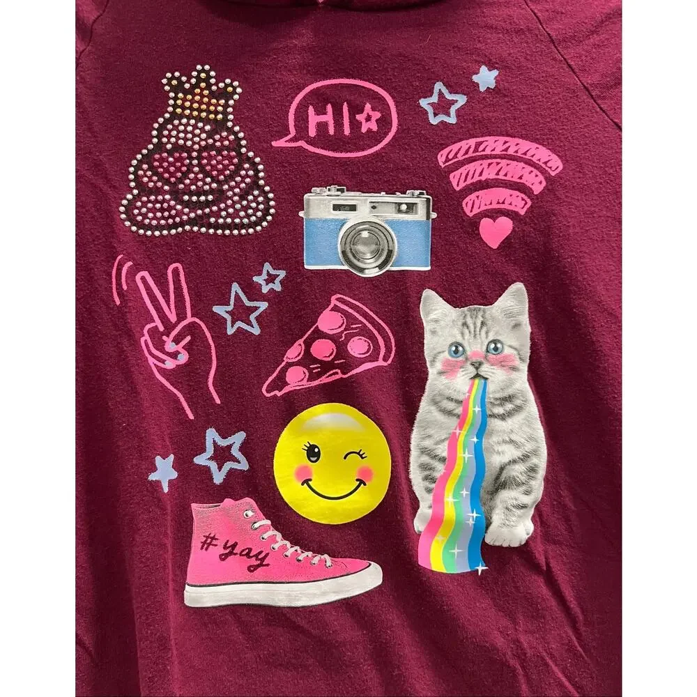 Justice Cherry Red graphic hooded tee white layered hem kitty peace bling sz 14